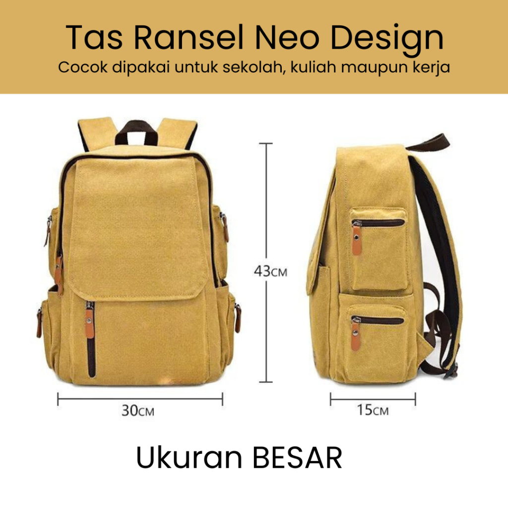 Tas Ransel Sekolah Pria Wanita Tas Polos  Kanvas Tebal Anti Air Muat Laptop 14 Inch