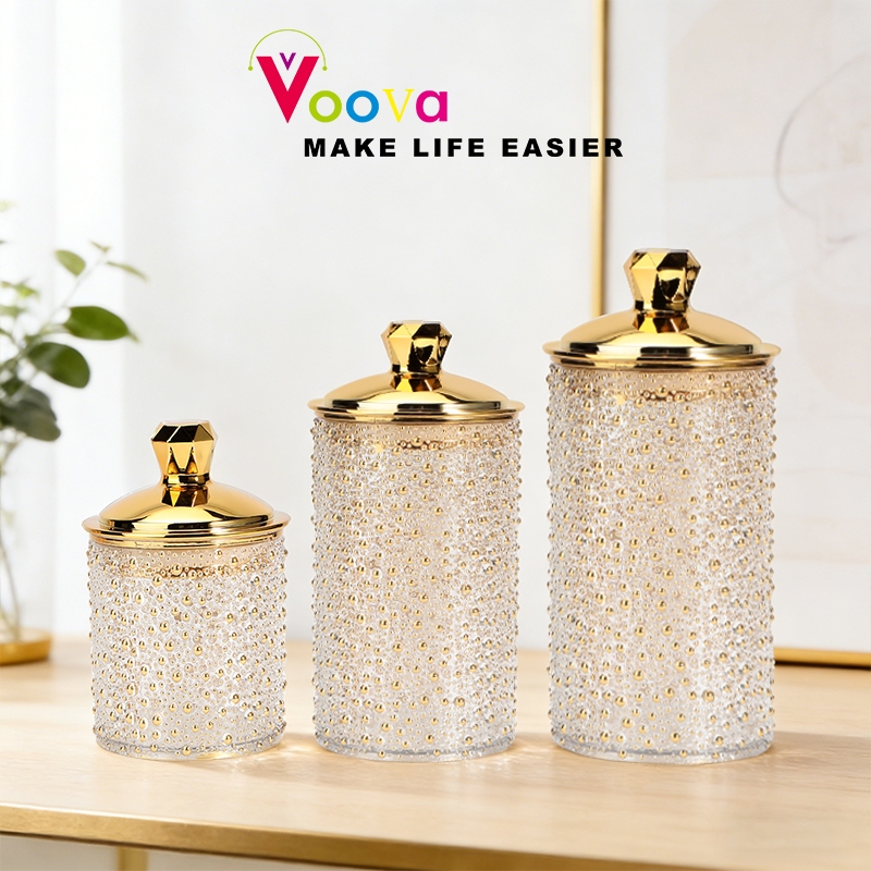VOOVA Set Toples Emas 3pcs / Storage Container Transparan / Jar Toples Akrilik Penyimpanan Kue / Top