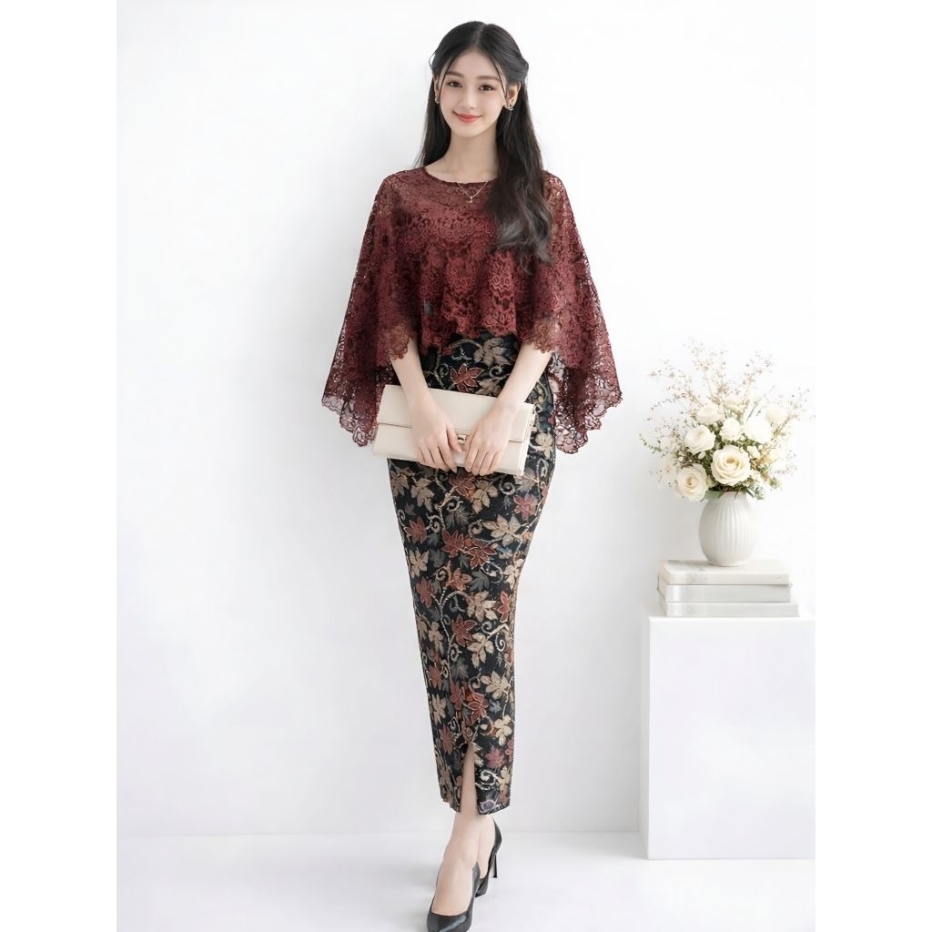 Set Kebaya Cape Brokat Modern dengan Batik untuk Kondangan