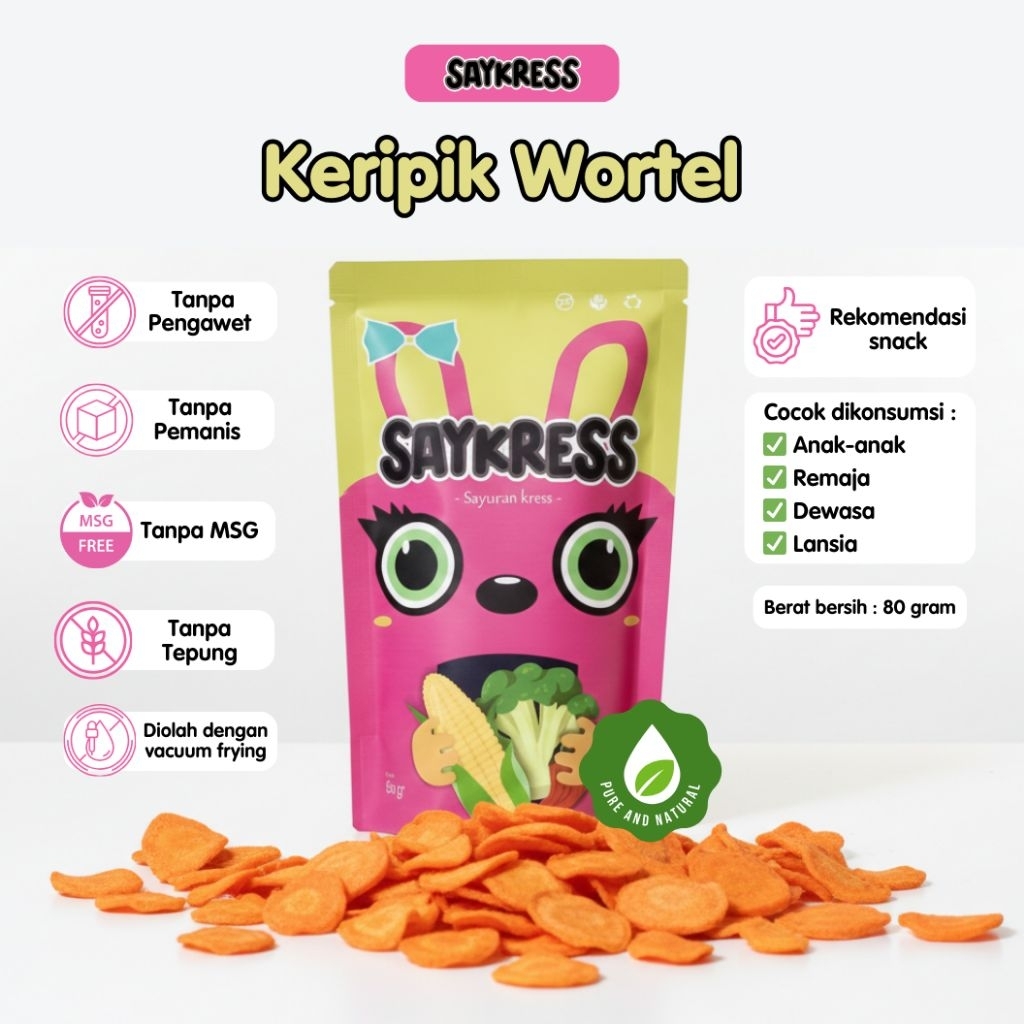Saykress Keripik Sayur Kering Wortel 80 gr | Snack Anak Sehat Renyah | Camilan Diet Vacuum Fried