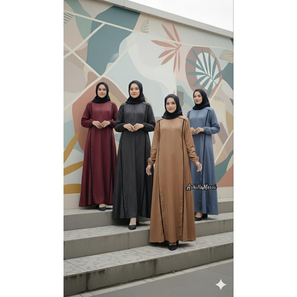 NEW  GAMIS NABILA MOTIF SALUR LIST RAYON PREMIUM ORI ASHILLA MESSI