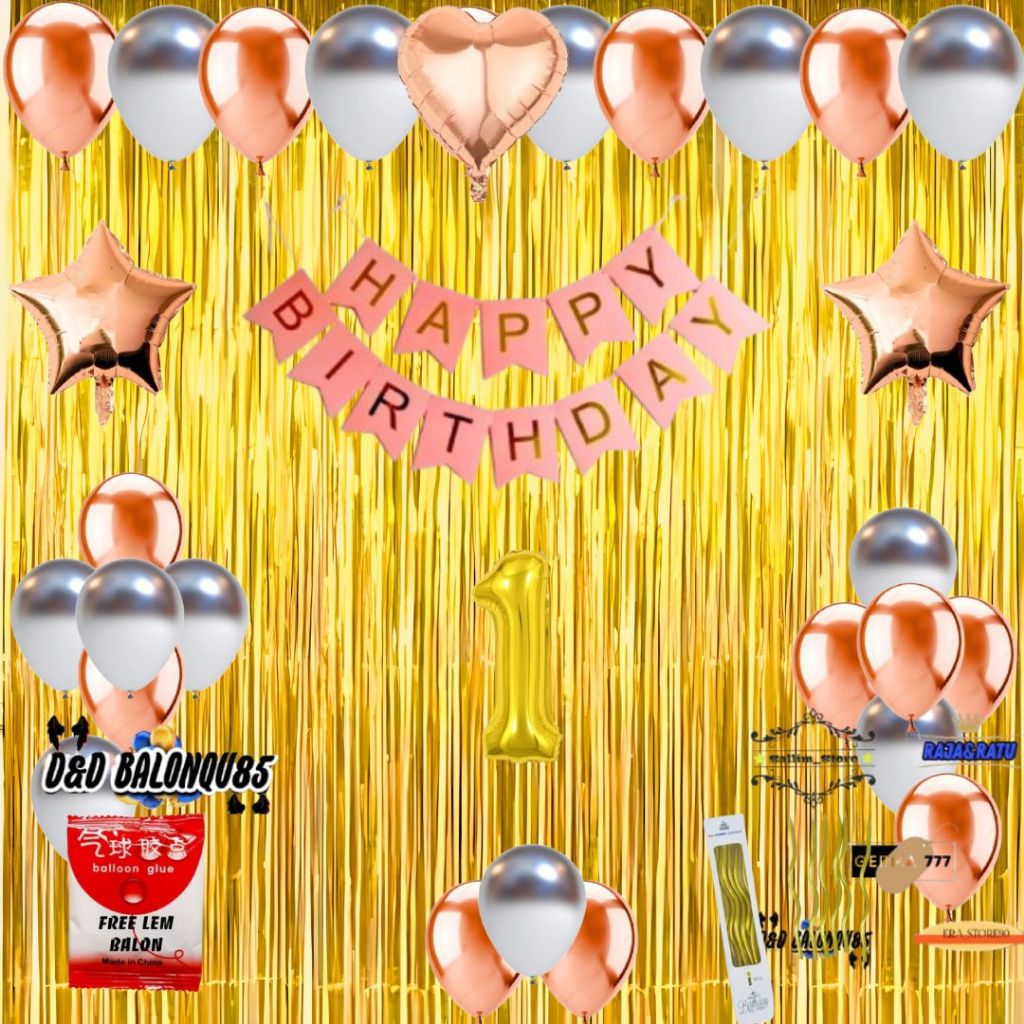 Paket Set Dekorasi Ulang Tahun Anak Balon Rosegold Mix Silver Tirai Foil Gold Ultah Party