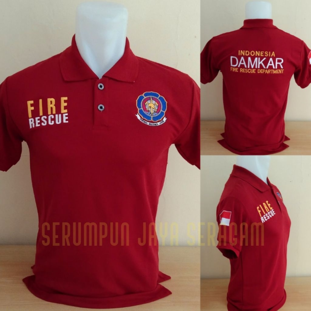 KAOS DAMKAR MARUN FULL BORDIR - KAOS KERAH DAMKAR MERAH MARUN LENGAN PENDEK BORDIR - KAOS DAMKAR