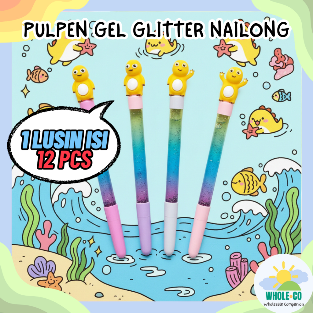 (1 Lusin Isi 12 Pcs) Pulpen Gel Glitter Nailong Dino Premium Karakter Kuning Gemoy Pena Cetek Unik L
