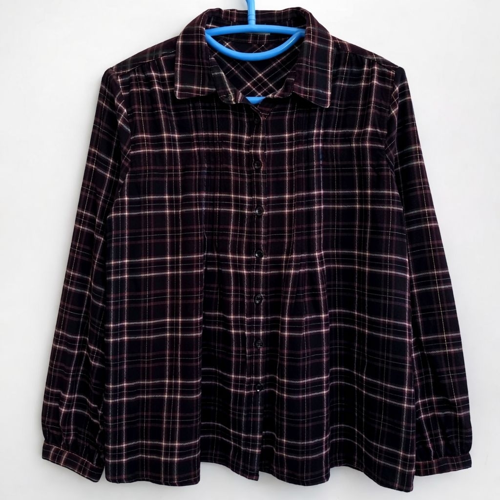 Kemeja Flanel Wanita Tartan Kotak Kotak Hitam Putih Abu