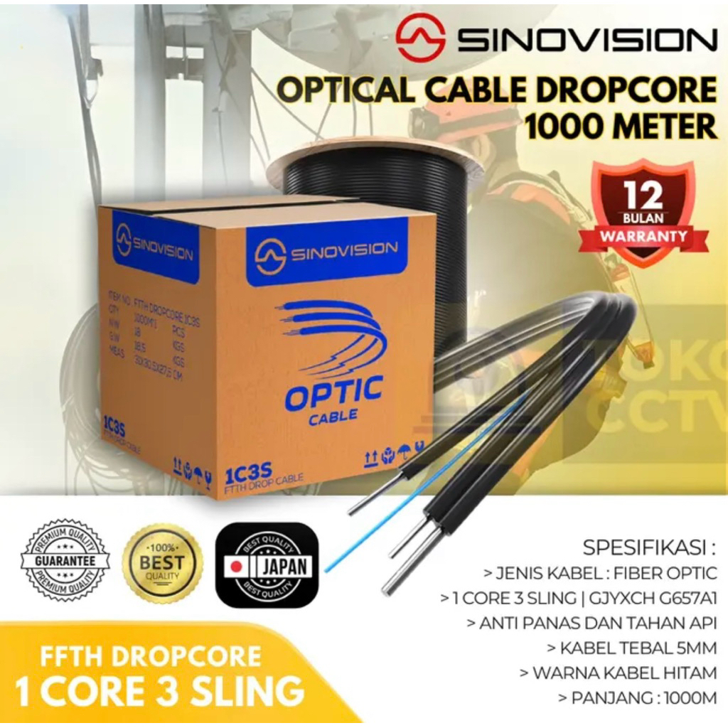 KABEL DROPCORE 1 / 2 / 4 CORE 3 SELING FIBER OPTIK 1000 M HITAM