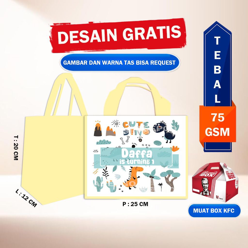 Tas souvenir ultah dino custom/goodie bag cute dino/Tas ulang tahun baby dino