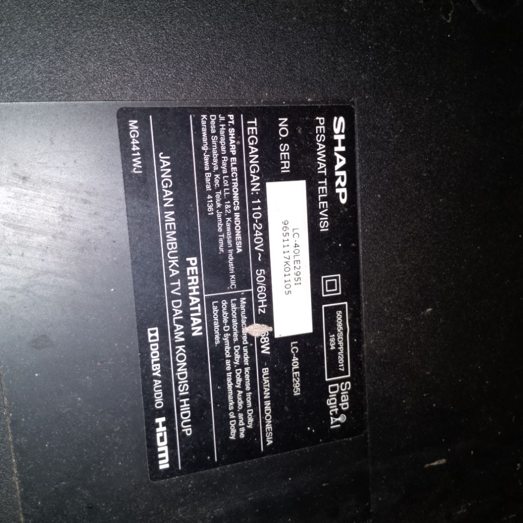 Daleman tv led Sharp LC40LE2951 normal rusak layar .  kami jual SASET MB PSU SENOOR SPEAKER