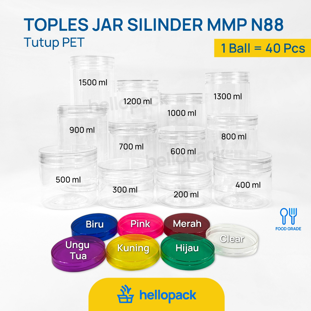[1 BALL]  Jar Silinder N88 / Toples Tabung Plastik / Tutup PET Clear Kaca 200ml 300ml 400ml 500ml 60