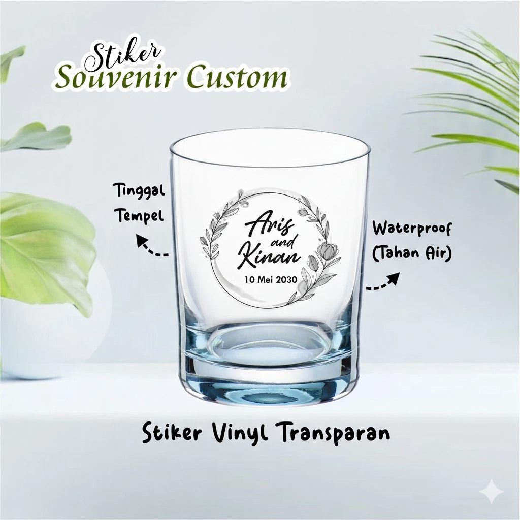 Stiker Souvenir Pernikahan Transparan Waterproof Custom Nama Estetik Tahan Lama
