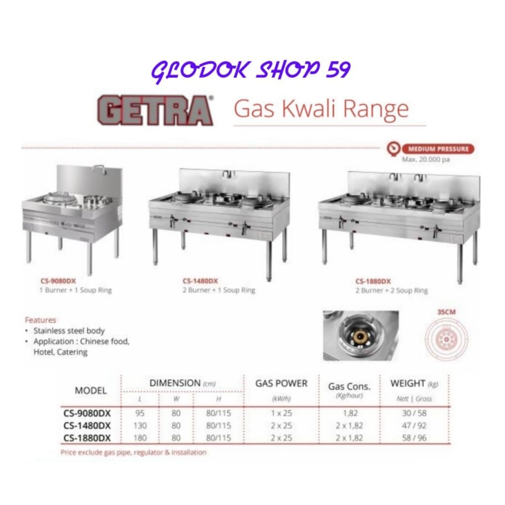 Kompor Gas Kwali Range GETRA CS-9080DX 1 Burner +1 Soup Ring CS9080DX Stainless Steel Body New