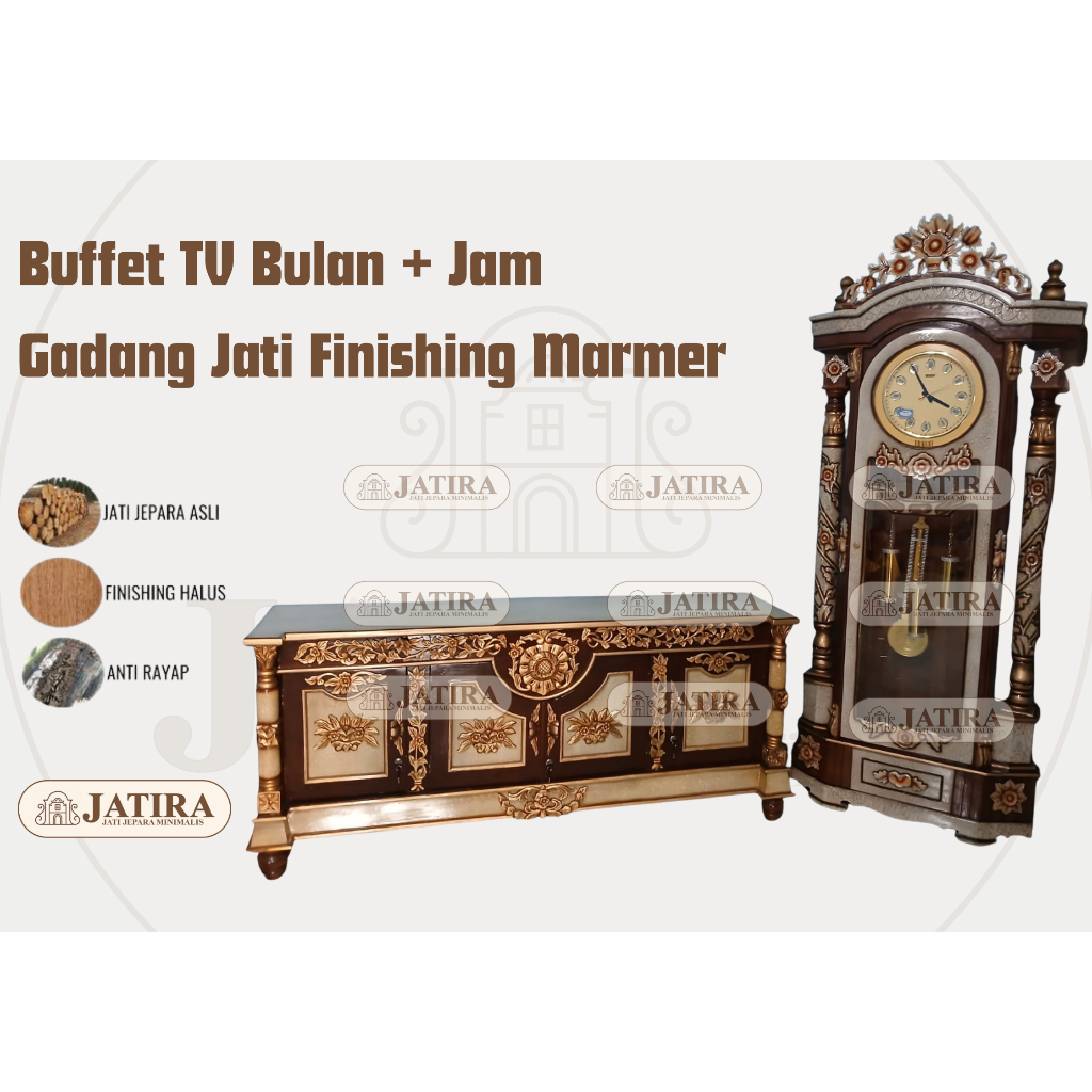Buffet TV Bulan + Jam Gadang Jati Finishing Marmer | Buffet Jam Gadang Jati Jepara Asli Murah Palemb