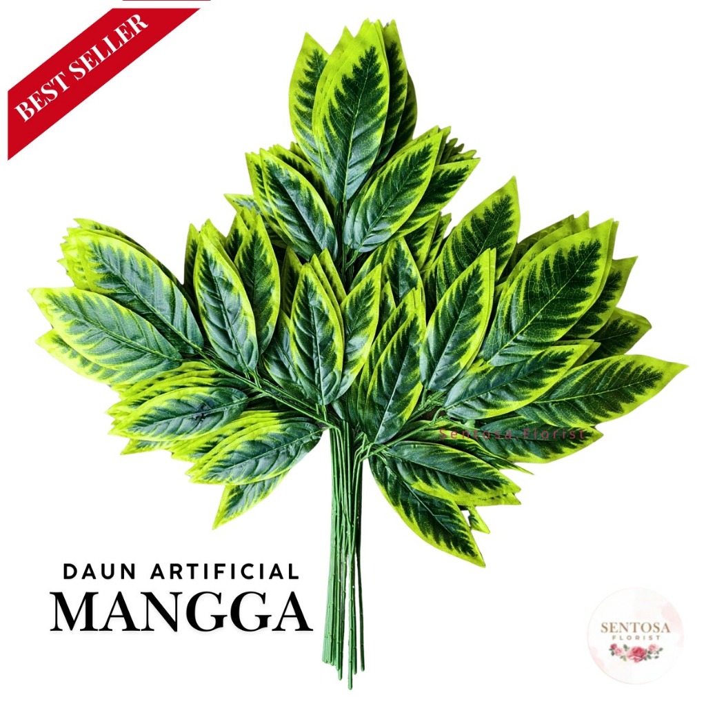 COD 1 Lusin Daun Mangga Cabang 3 Artificial Daun Dekorasi Hiasan Pelaminan/Backdrop Import