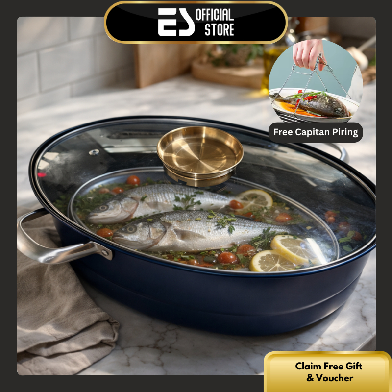 ES Panci Steamer Untuk Tim Ikan Kukusan Stainless Set Dengan Capitan Warna Merah Biru Silver