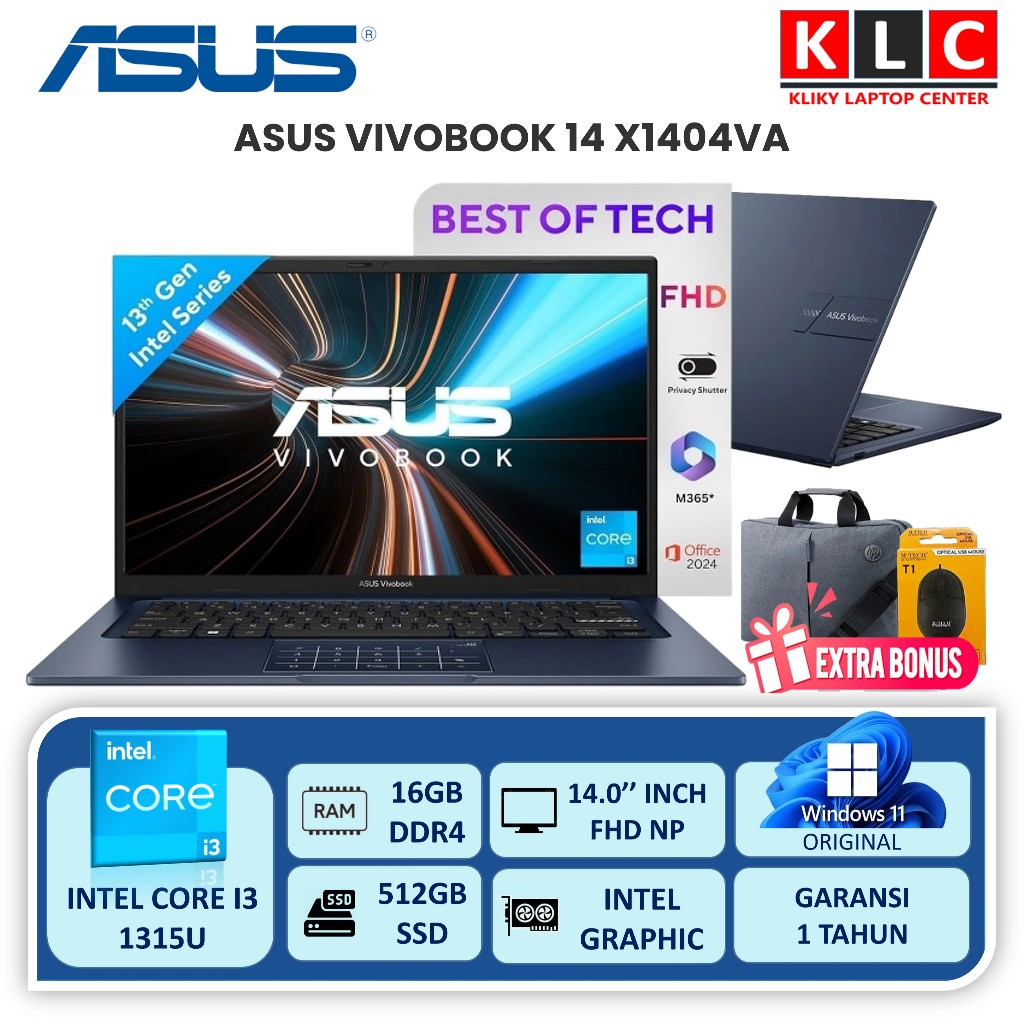 Asus Vivobook 14 X1404VA Intel Core i3 1315U 16GB 512GB SSD 14.0 FHD Windows 11 Laptop Baru