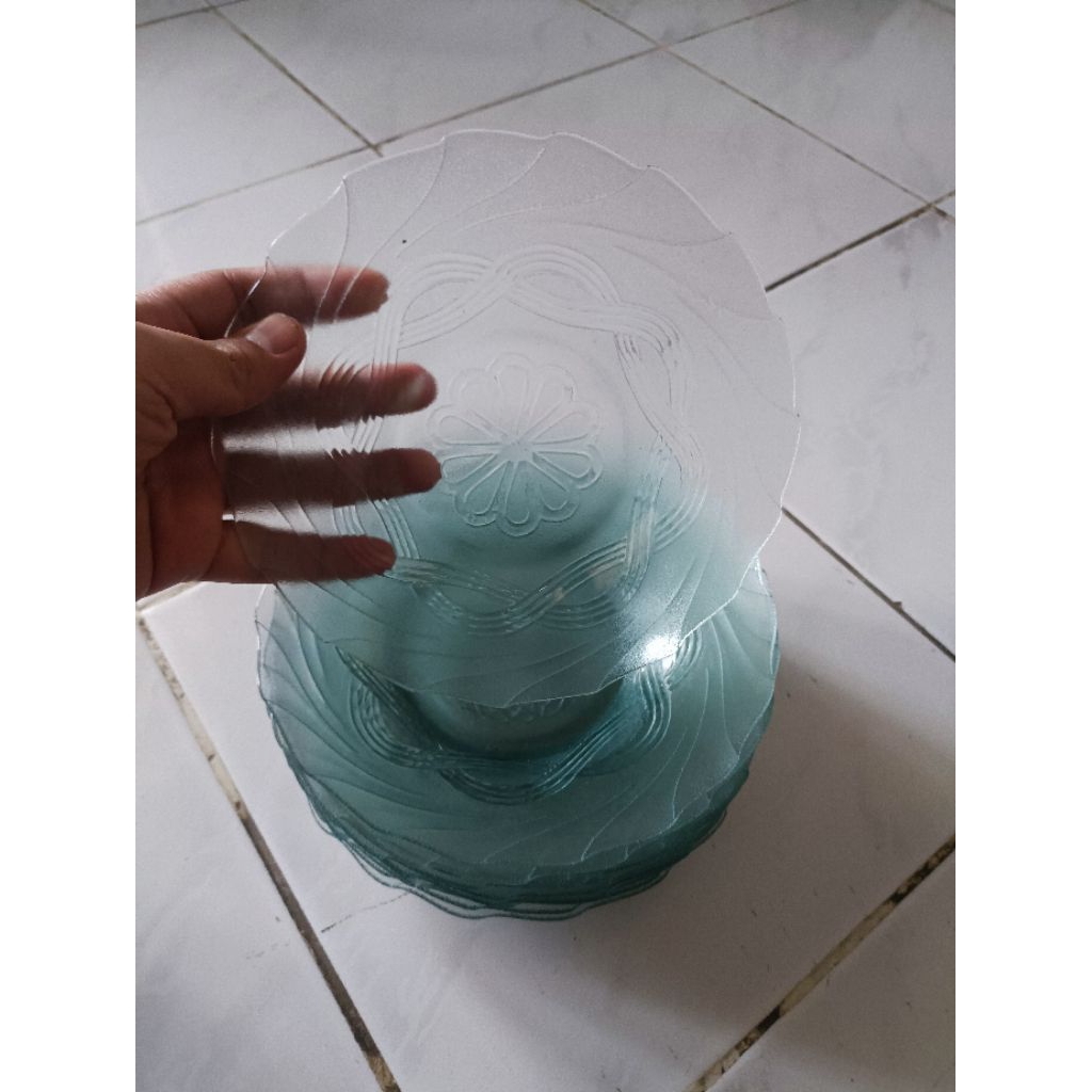 12 Pcs Piring Makan Kaca Bening - Motif Bunga, Tahan Panas, Cocok untuk Acara