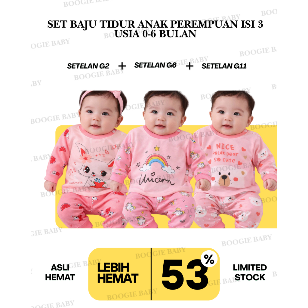 SET BAJU TIDUR ANAK PEREMPUAN ISI 3 USIA 0-6 BULAN