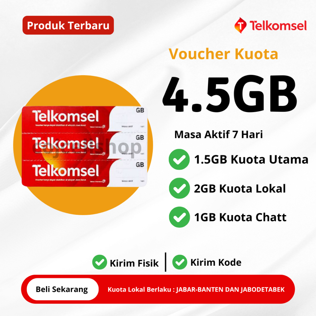 Voucher TELKOMSEL Kuota 4,5GB 7 Hari | Voucher Kuota Telkomsel 4.5GB | JABAR-JAKARTA-BOGOR