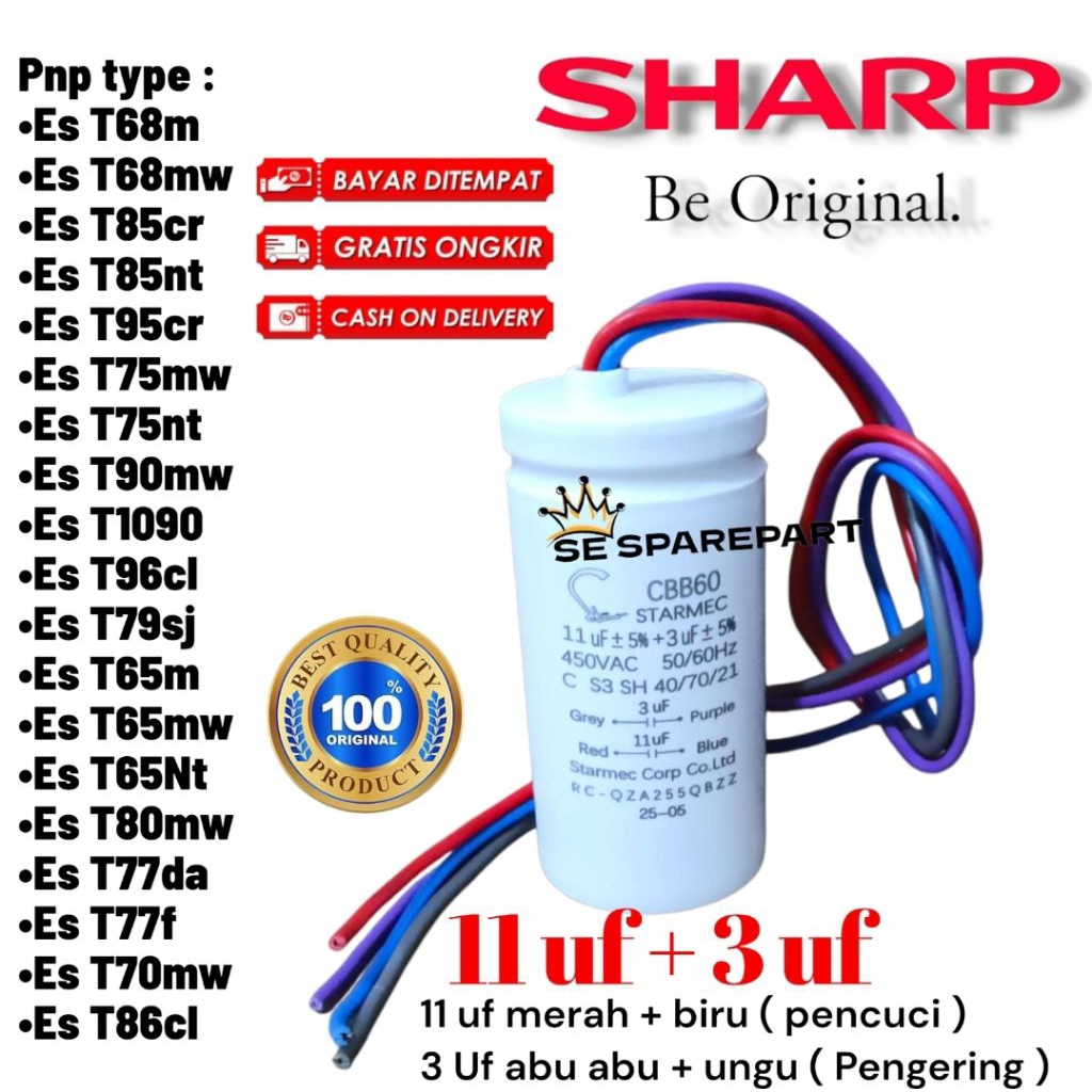 ES-T65M KAPASITOR CAPACITOR MESIN CUCI SHARP 2 TABUNG 11UF+3UF KAPASITOR