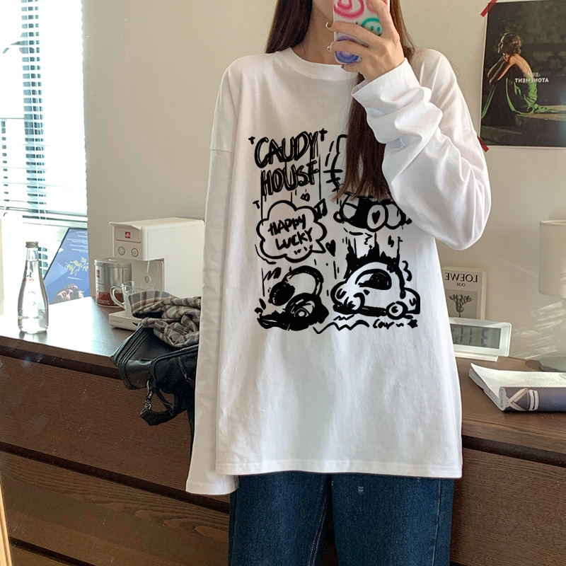 YIKOO - Lengan Panjang T Shirt Oversize Kaos Kucing Dan Pola Mobil Baju Wanita