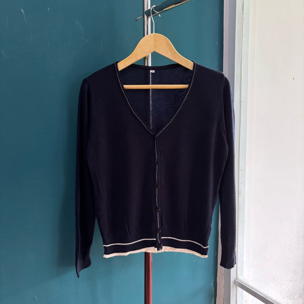Cardigan A16 navy stripe white V neck academia cewek Rajut Knit Korea Style Look Dewasa Outer Tebal 