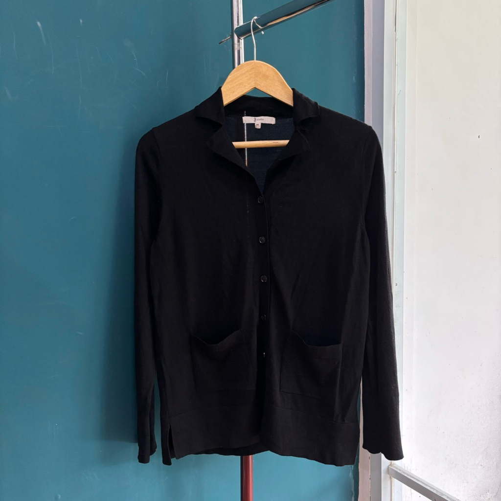 Cardigan A31 black hitam kerah collar academia cewek Rajut Knit Korea Style Look Dewasa Outer Tebal 