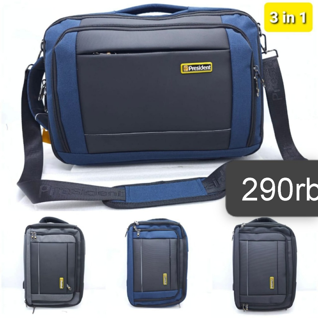Tas Kerja Pria President 3 in 1 Multifungsi Backpack Slempang Hand Carry Laptop Travel