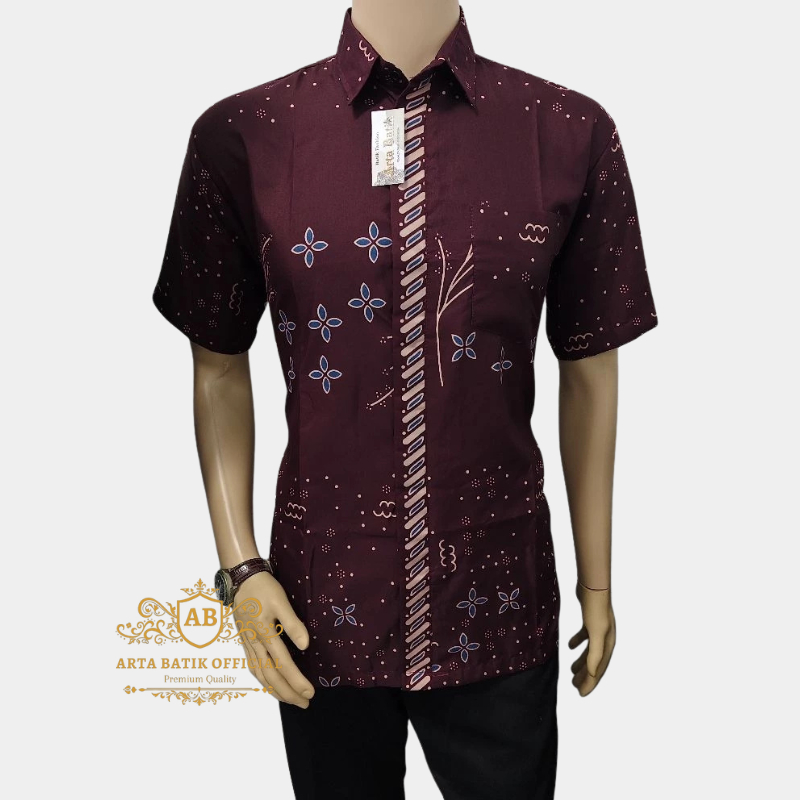 Kemeja Batik Pria Burgundy Lengan Pendek Premium Size M L XL XXL Nyaman S123