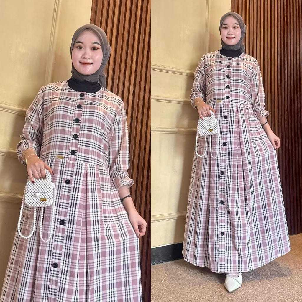 TERBARU / PROMO GAMIS KOTAK - Gamis Casual Motif Kotak Katun Adem Full Kancing