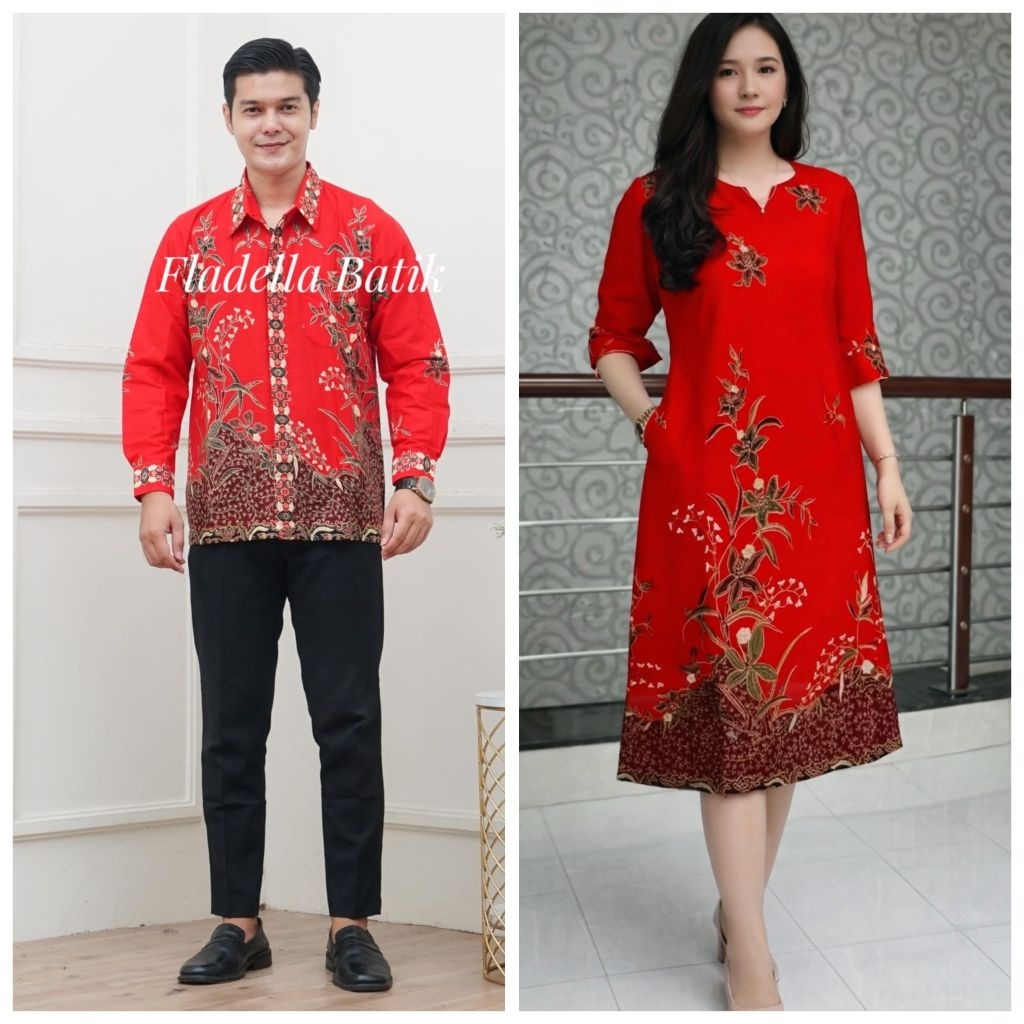 Dress batik couple merah baju batik kerja wanita merah