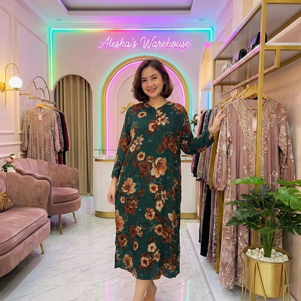 Daster Kekinian Panjang Semata Kaki - Long Dress Floral Vintage Hijau Botol Jumbo by CE HOMEWEAR
