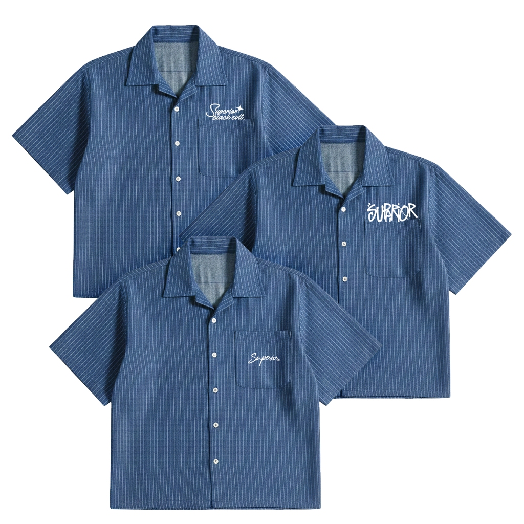 Superior Black Cvlt. Kemeja Pendek Boxy Fit Skena Stripe Denim Semi Wol #1