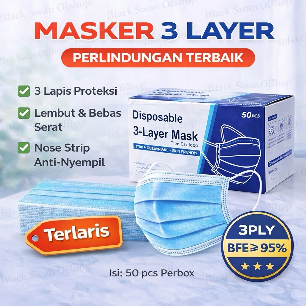 Masker 3 Ply Isi 50 Pcs Warna Biru/Hitam Dewasa Earloop