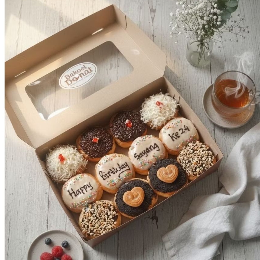 Donat ultah/ Donat ulang tahun/Donat ucapan/Donat tulis/Kue ultah/ Donat mix coklat kacang tiramissu