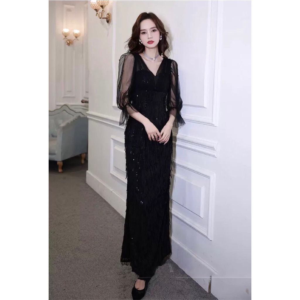 Gaun Dress Pesta Panjang Elegan Fringe Sequin Tulle Lengan Transparan