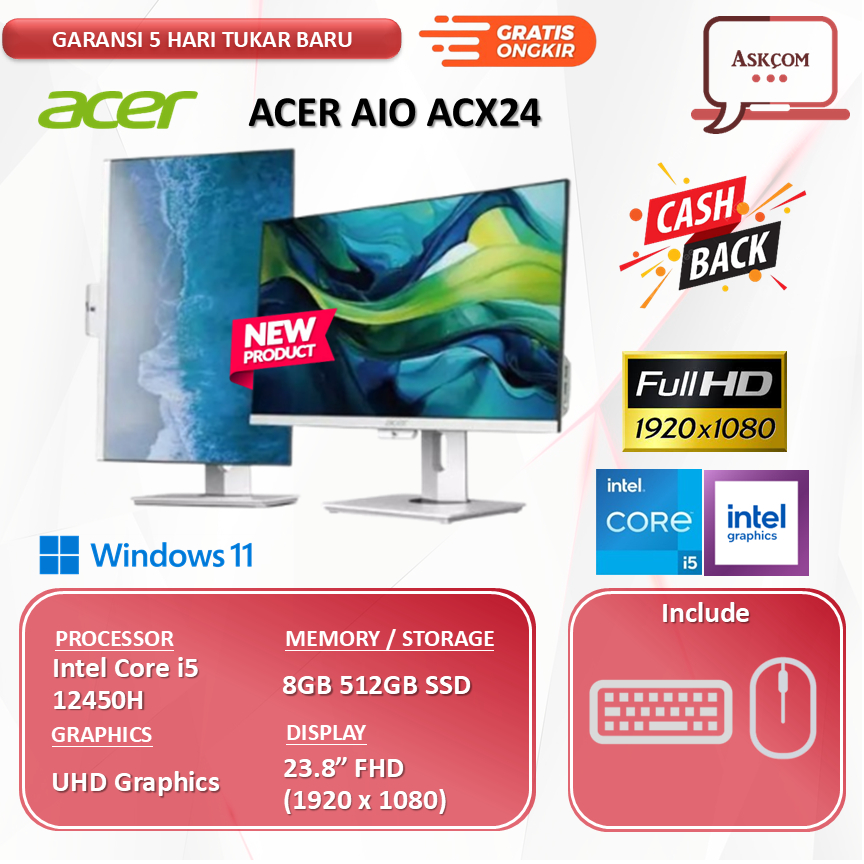 Acer All In One PC (AIO) ACX24 Intel Core i5 12450H 8GB 512GB Windows 11+OHS