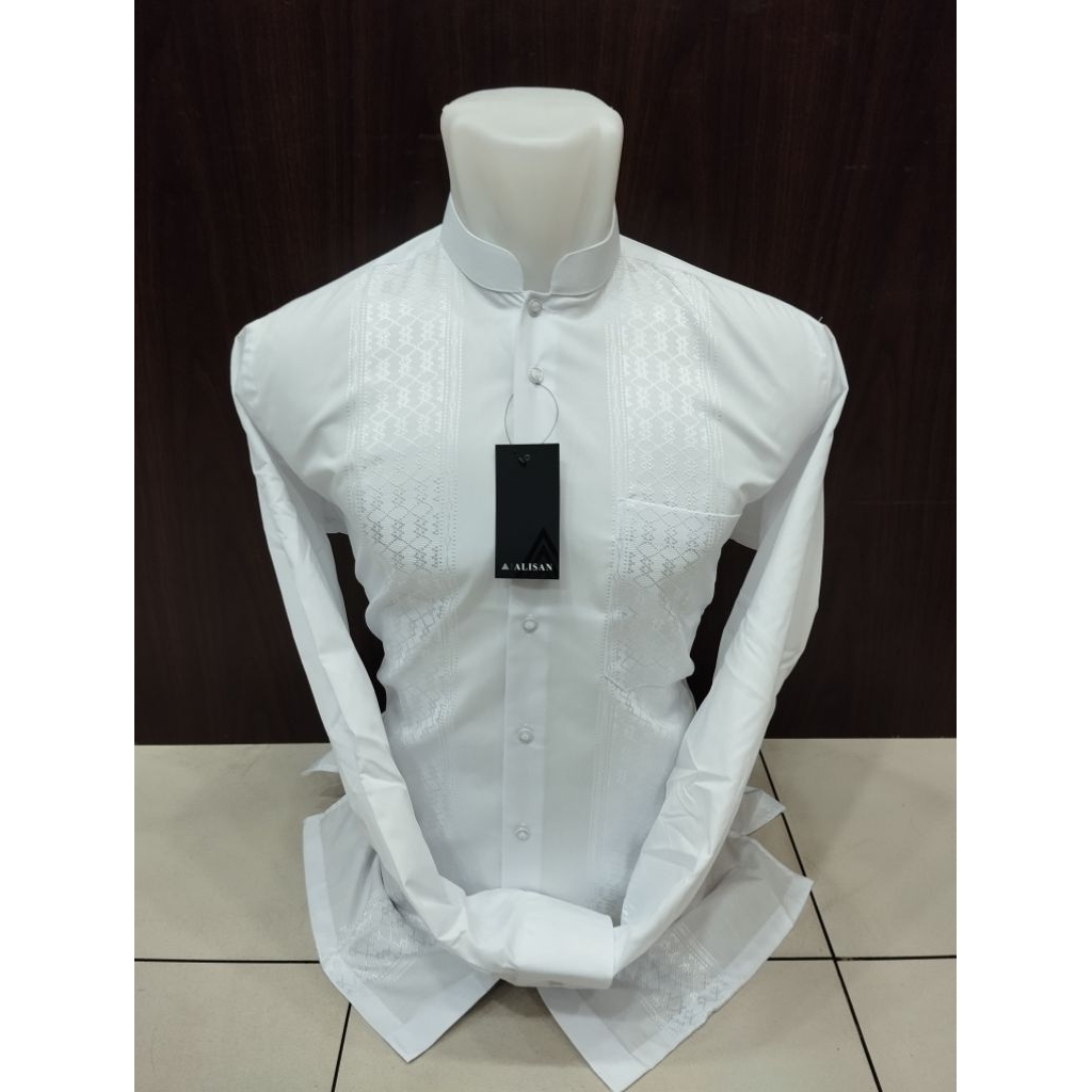 Alisan Baju Muslim Koko Bordir Pria Putih Lengan Panjang Reguler