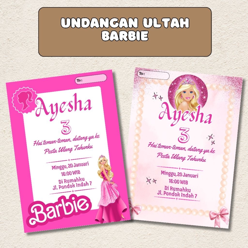 Undangan Ulang Tahun / Ulangtahun / Ultah Anak Tema Barbie