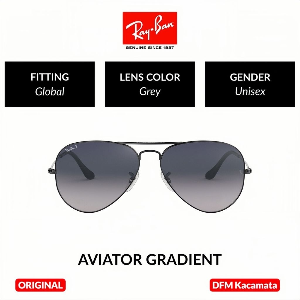Kacamata Ray-ban Aviator RB3025 Gold Lens Gradient Grey Original