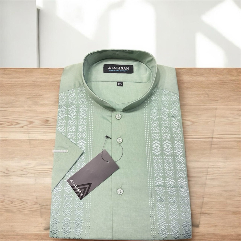 Kemeja Koko Alisan Bordir Lengan Pendek Pria | Baju Koko Dewasa Kerah Shanghai | Biru Abu Putih Hija
