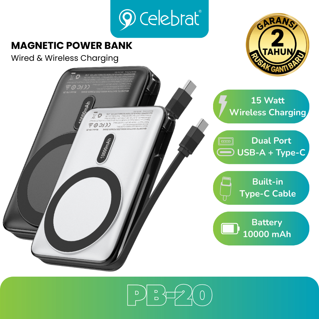 Celebrat PB-20 Power Bank Magnetic Wireless & Wired Fast Charging PD22.5W MagSafe 10000 mAh