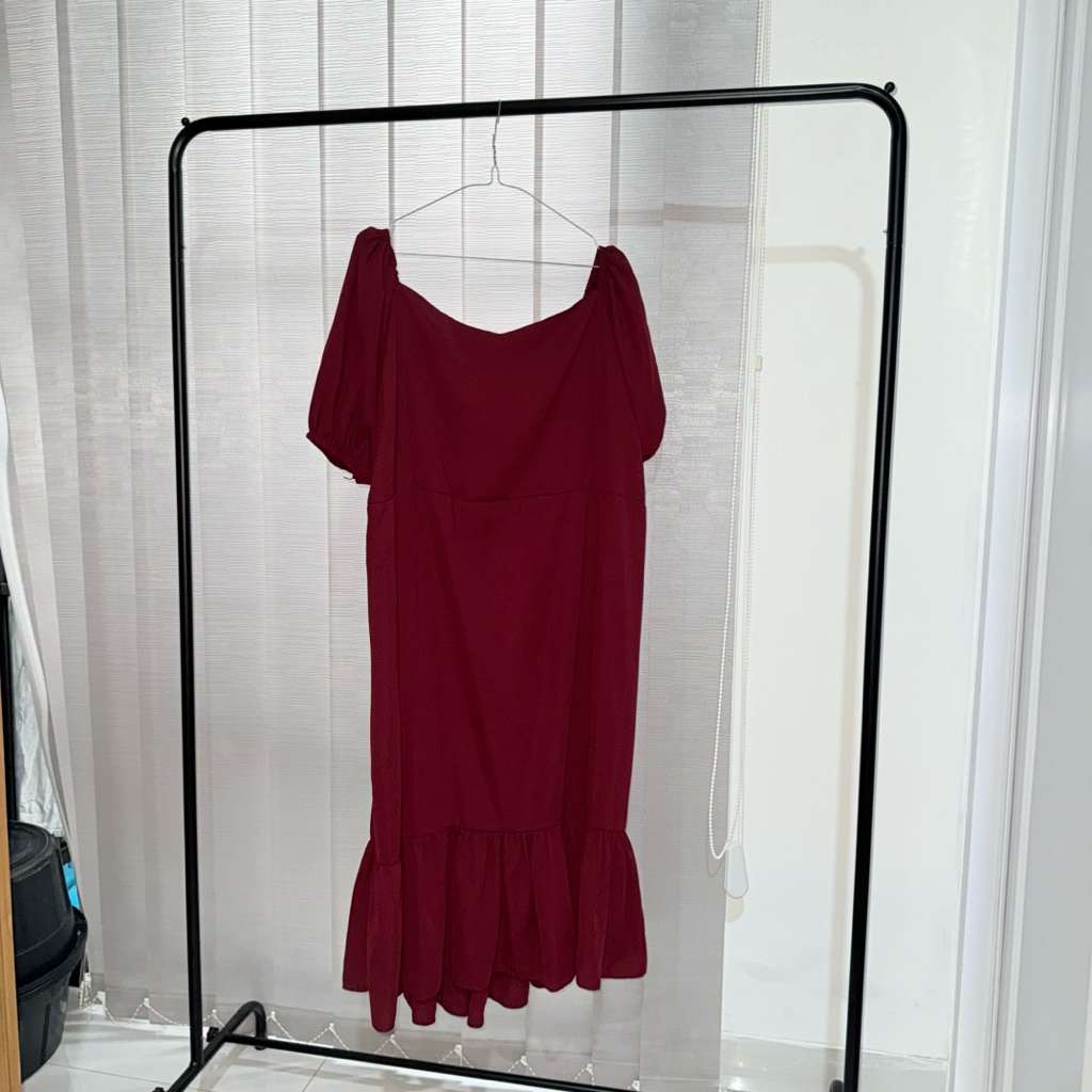 Dress Merah Maroon Lengan Balon Preloved Size XL No Brand