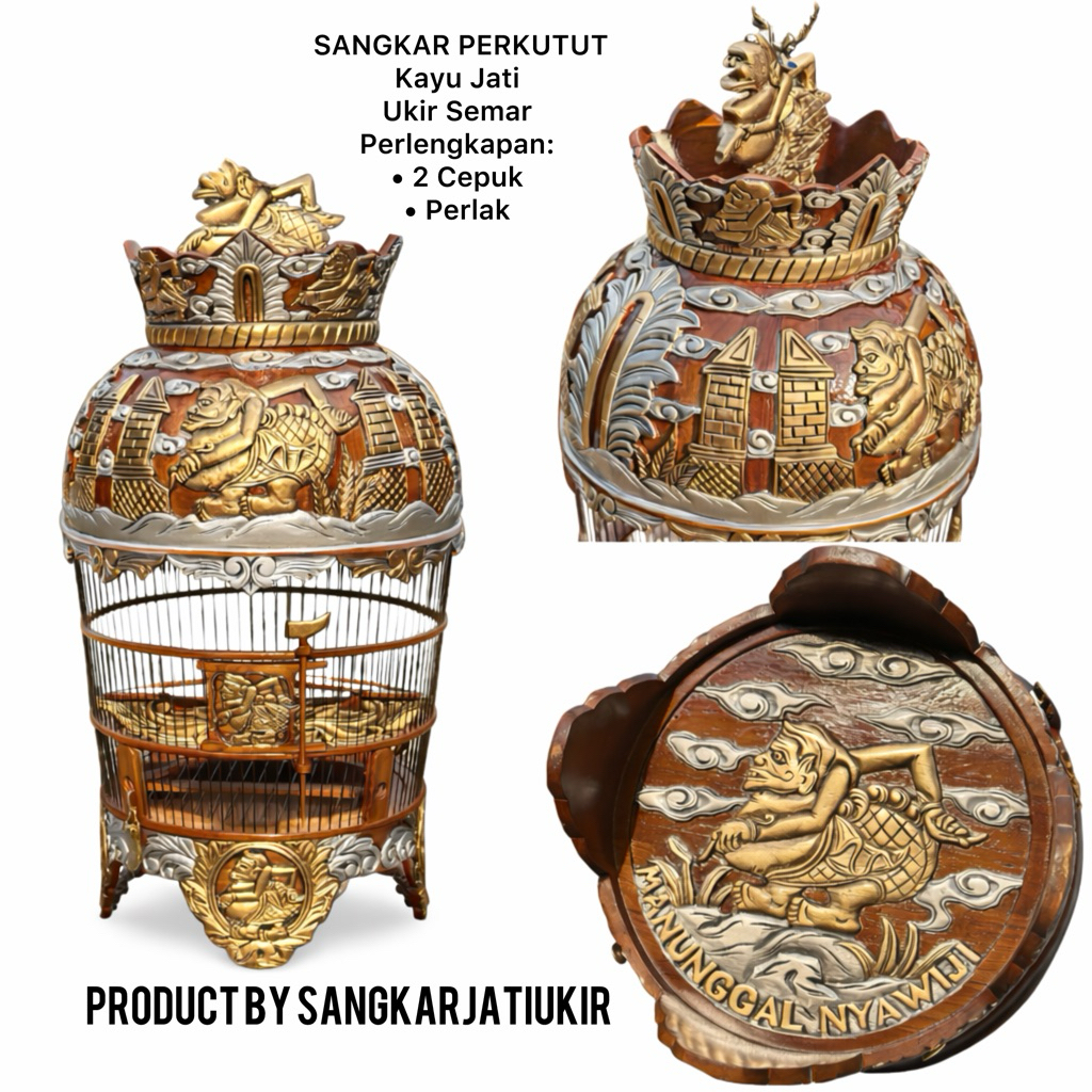Sangkar Perkutut Full Ukiran Semar Kayu Jati Solid Perlengkapan Lengkap