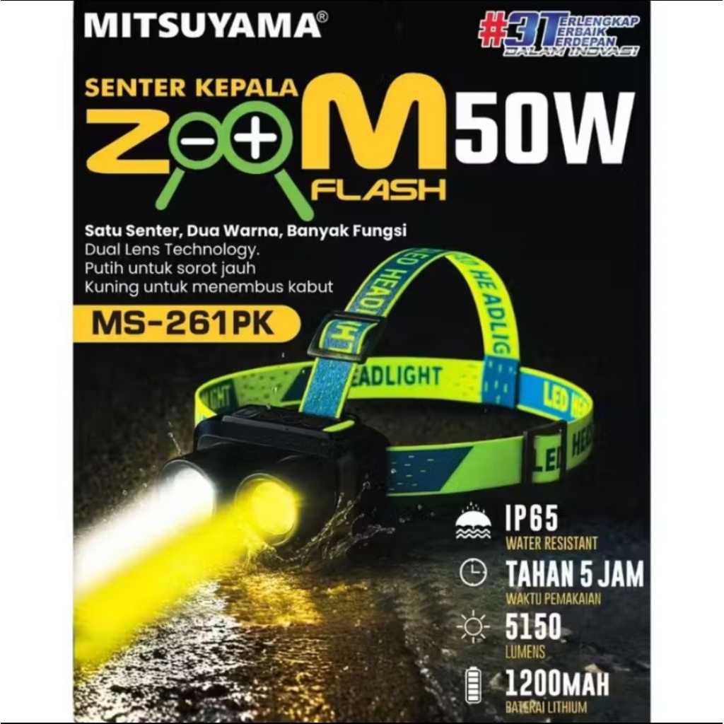 ms-261pk senter kepala zoom dua cahaya putih dan kuning senter kepala waterproof 50watt led