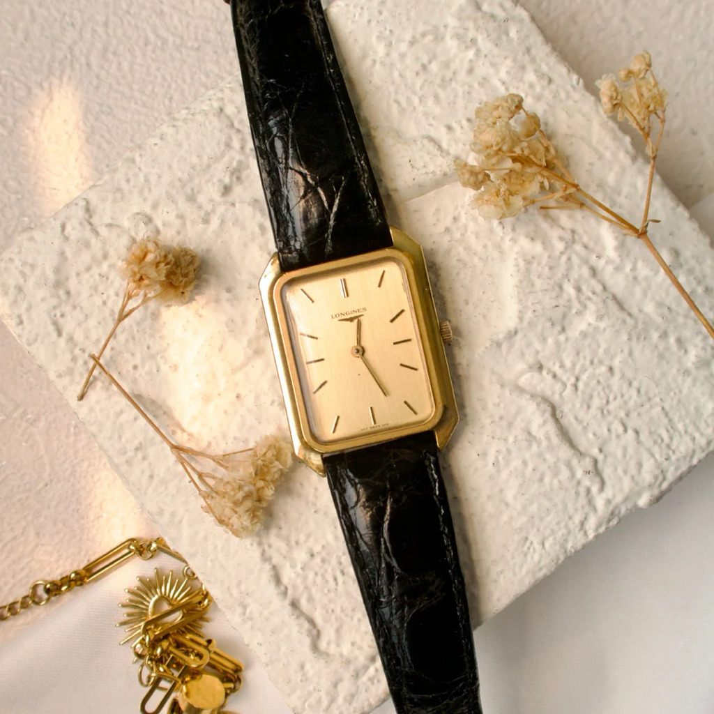 Jam Tangan Wanita Vintage Watch Lngines Kotak Gold Black Strap Original Autentik Preloved Bekas