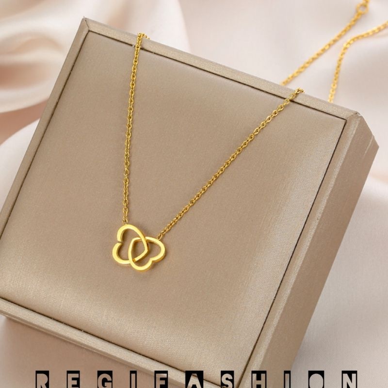 Kalung Wanita Titanium Anti Karat Liontin Love Hati Elegan Rose Gold Silver - Kalung Double Love