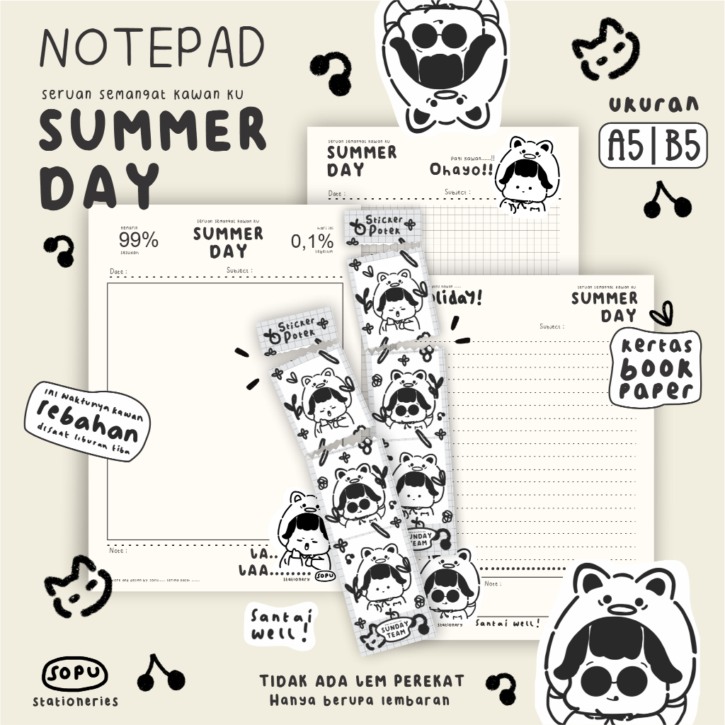 EDISI " SUMMER DAY " KERTAS NOTEPAD/MEMOPAD TANPA PEREKAT UKURAN B5 DAN A5 BOOKPAPER