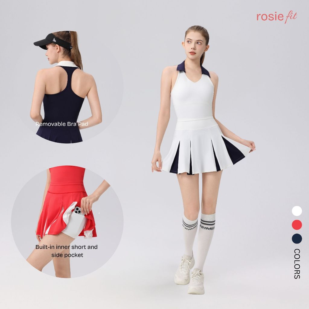 ROSIEFIT Sports Bra Wanita Berkerah Halter / Pleated Skort Olahraga Padel Tennis Golf (Quincy)