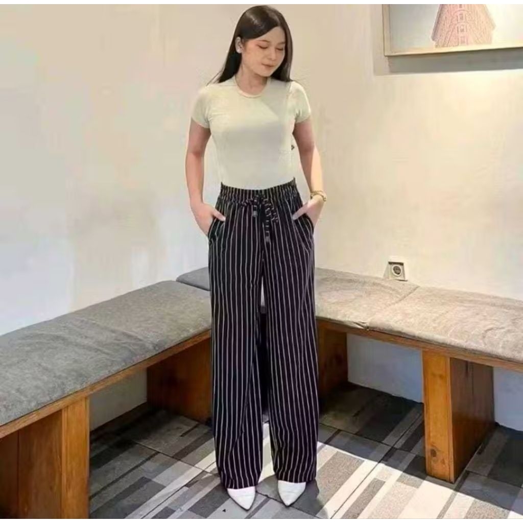 Baggy Pantss Stripe Jumbo Celana Kulot Stripe Pants - Celana Panjang Wanita Baggy Kantor Kuliah Moti