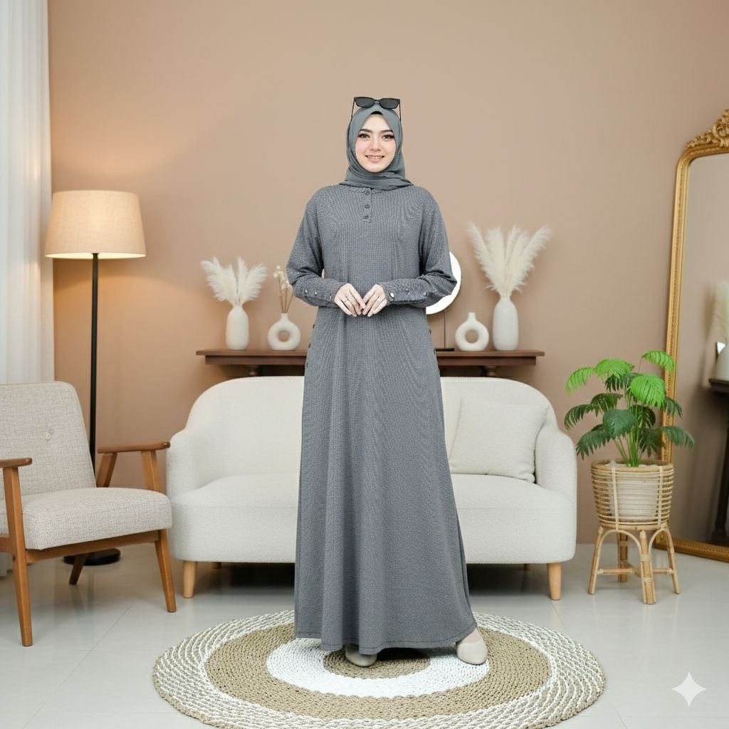 Keyra Dress Batwing Button Knit Premium - Gamis Casual Simpel Panjang Muslim Sporty Busui